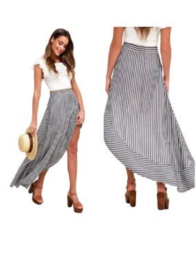 Women's M Lulus King Harbor Blue White Striped Asymmetrical Maxi Skirt